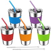 ShineMe Kids Cups with Straws and Lids, 12oz Kids Metal Drinking Glasses with Spill Proof Lids & Silicone Straws, Stainless Steel Reusable Water Tumblers for Children and Adults (5pack)
