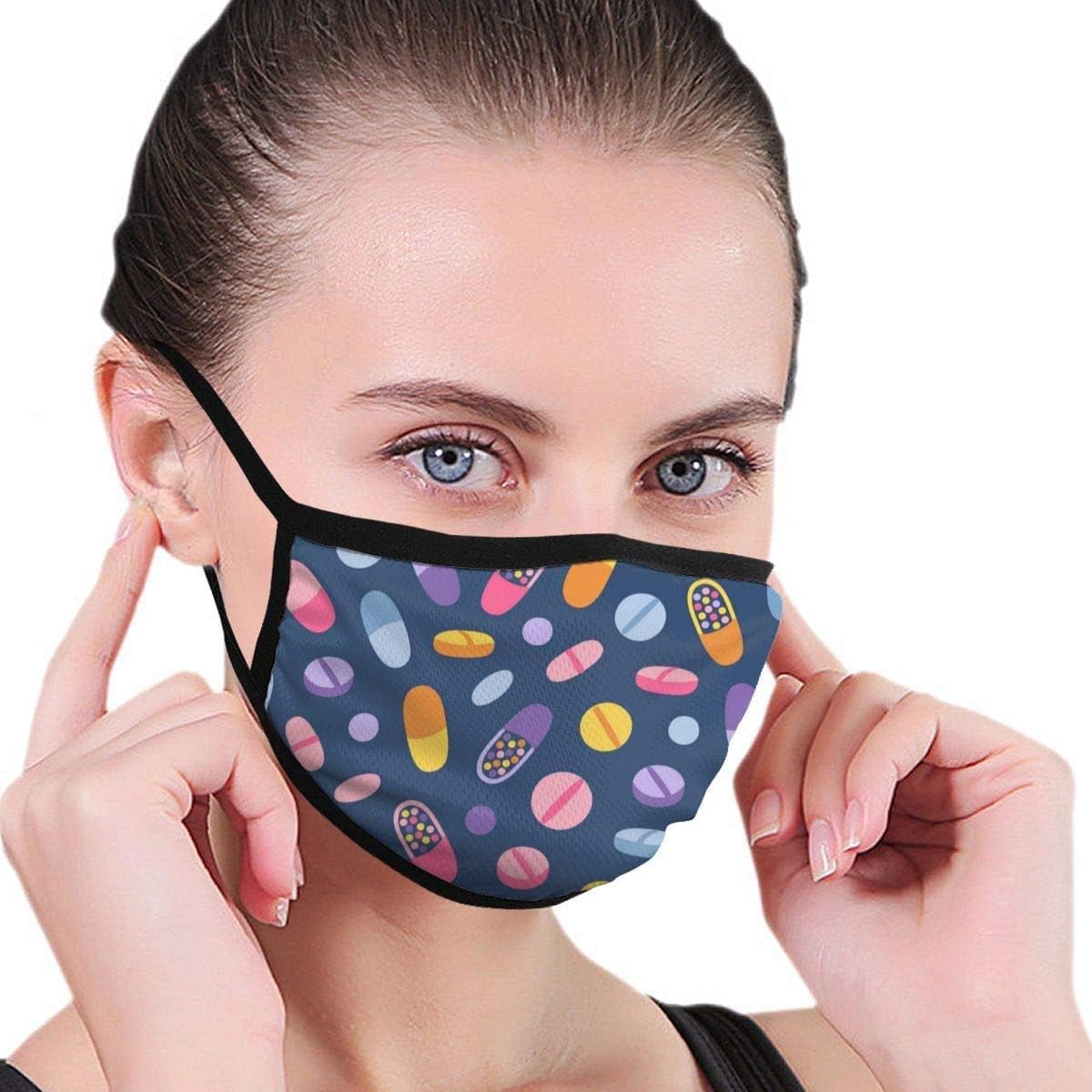 Unisex Anti-Dust Colorful Medical Pills On Blue Reusable Face Mask for Kids Teens Men Women