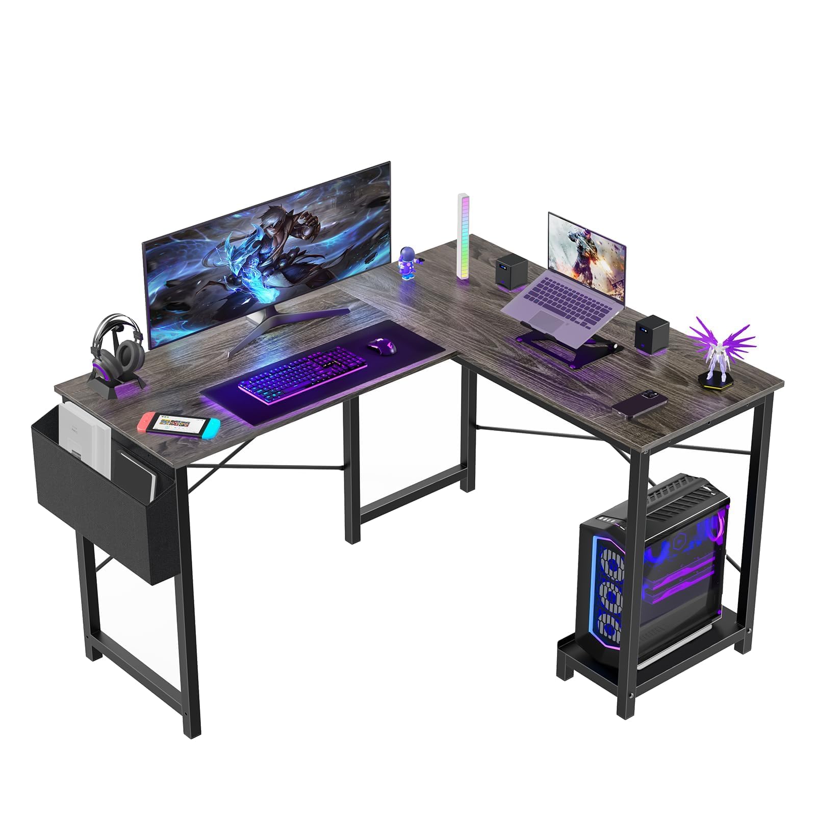 Photo 1 of **MISSING PARTS**Sweetcrispy L Shaped Desk Gaming Computer 50 Inch Reversible Corner PC Work Table for Writing Study Student with Wood Tabletop Metal Frame CPU Stand Side Bag for Home Office Small Space, Grey