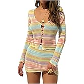 WDIRARA Women's 2 Piece Outfits Striped V Neck Long Sleeve Tee Mini Skirt Set