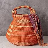 Home & Kitchen Decor, Wicker Basket, Picnic Basket, Living Room Basket, Organizing, Harvesting, Foraging, Fruit Storage, Hand Woven, Pot Shape, 16" Wide, Boho - Orange