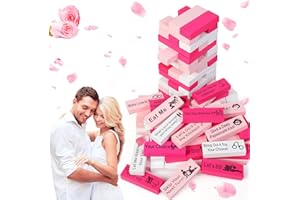 ODEWHINE Couples Game for Adults - 54 Pink & White Wooden Blocks with 6 DIY Challenges, Romantic Stacking Tower for Date Night, Valentine Wedding