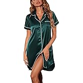 Ekouaer Women's Satin Nightshirt Button Down Sleepshirt Silk Short Sleeve Nightgown Boyfriend Notch Collar Sleepwear
