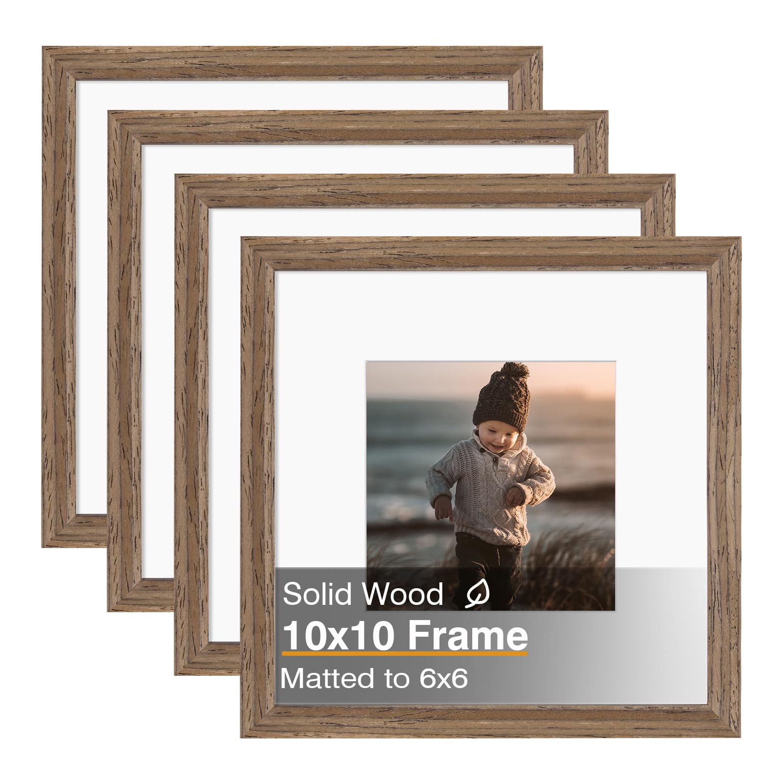 Photo 1 of KINLINK 10x10 Picture Frame, Brown Square Solid Wood Frames for Pictures 6x6 with Mat or 10x10 without Mat, Wall and Tabletop Display Photo Frames Brown Wood 4 Pack