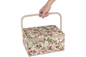 JADPES Garden Rose Sewing Box (G Type), Fabric Floral Printed Sewing Basket Craft Box Household Sundry Storage Organizer with Handle BuiltIn Pin Cushion Interior Pocket