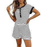 Fisoew Womens Striped 2 Piece Outfits Casual Button Henley Shirts Tops Loose Workout Shorts Matching Lounge Sets