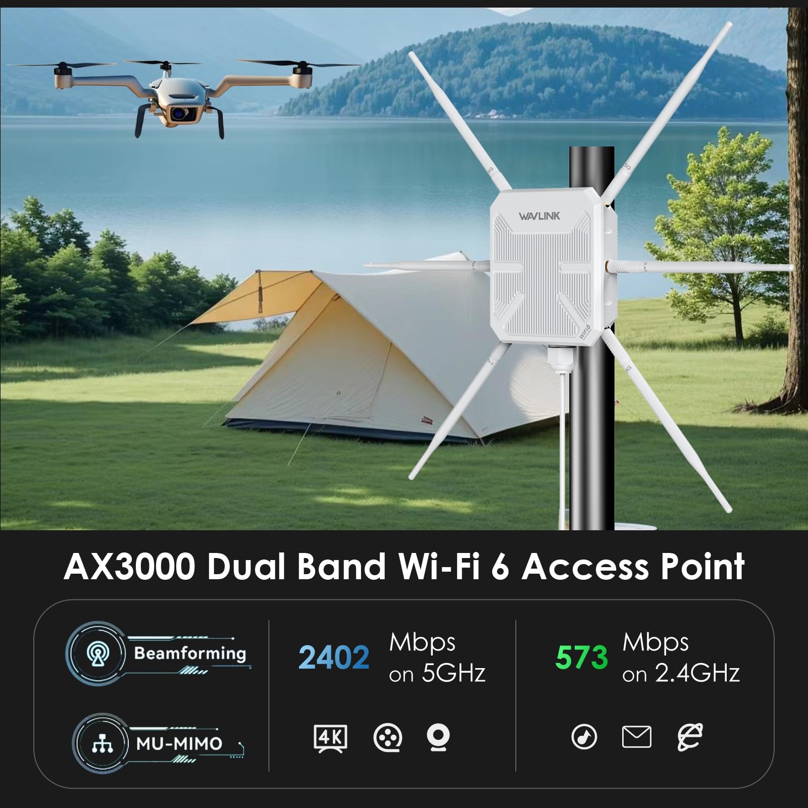2026 AX3000 Outdoor WiFi 6 Extender, WAVLINK Long-Range WiFi Repeater/Access Point with Dual Band/PoE/IP67 Waterproof/6 x 7dBi Antennas, Supports Up to 256 Devices for Garage, Yard, RV,Farm