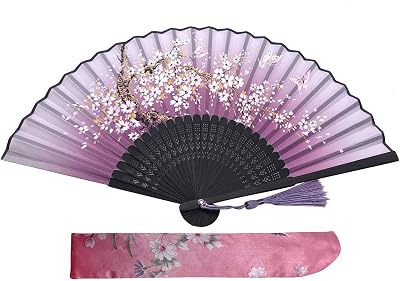 Kibon Folding Hand Fan Bamboo Silk Tassel Purple 8.3 15x8.3in Handheld