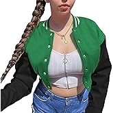Xaspee Women's Casual Baseball Jacket Faux Leather Colorblock Button Crop Bomber Jacket