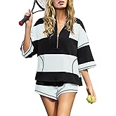 Panadila Women Striped Workout Set Two Piece Outfit Tracksuit Oversized Lounge Set Top and Shorts Sets with Pockets