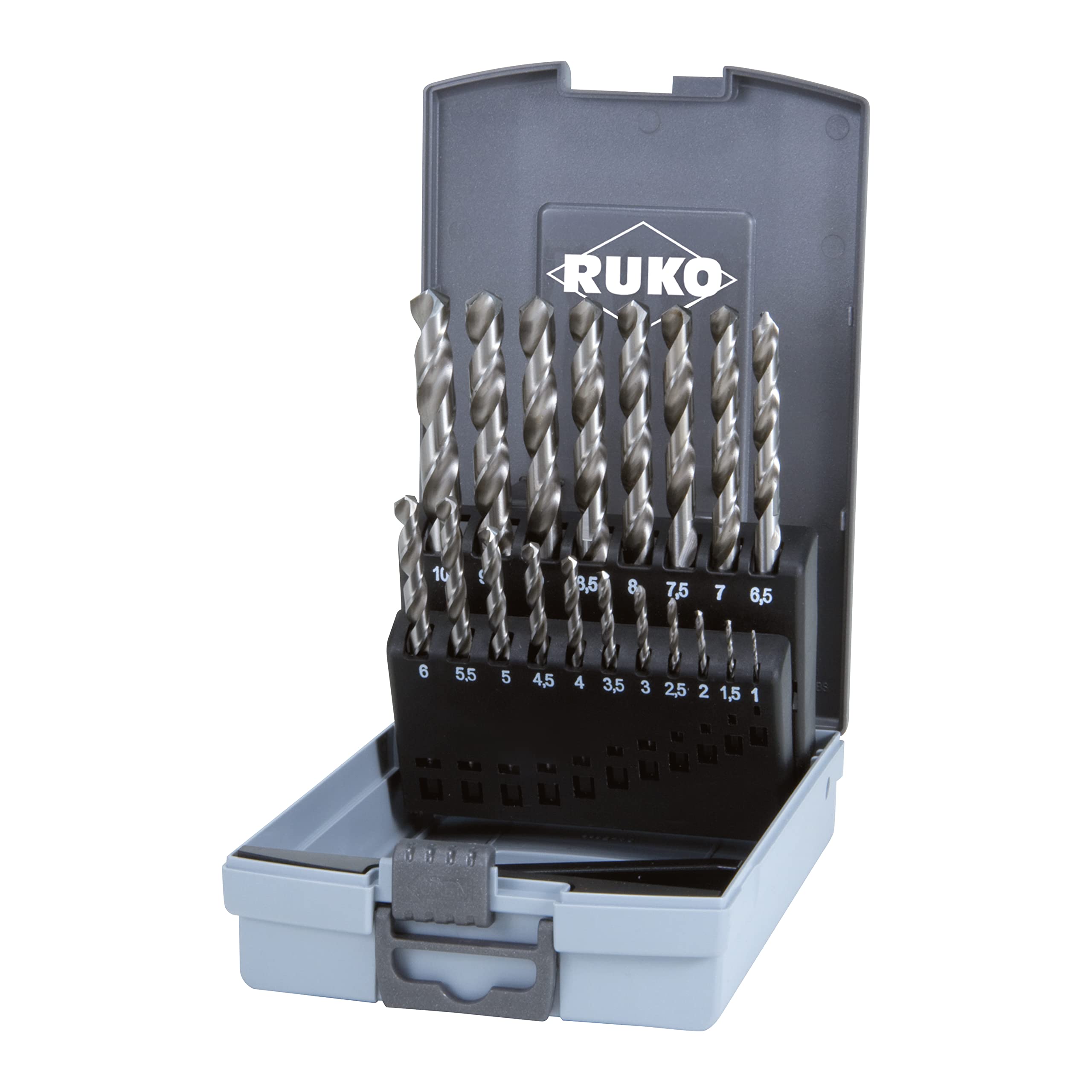 RUKO HSSE-Co 8 Twist Drill Set in Plastic Case, DIN 338, Type VA, TiAlN Finish, 19 Pieces, R281214ERO