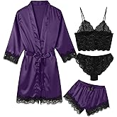 ESKTJH Women's Pajama Satin Sexy Lingerie Robe Set 4Pcs Pjs Silk Sleepwear Lace Cami Shorts Loungewear
