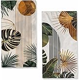 Boho Leaves Hand Towels - Set of 2 Absorbent Gold Green Mid Century Art Bathroom & Kitchen Towels - Lightweight Breathable Face Towels for Bathroom, Gym, Hotel - Gifts for Women & Men - 14"x28"
