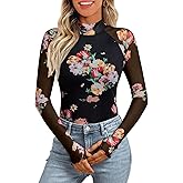 Dealmore Lace Sheer Floral Mesh Mockneck Going Out Tops for Women Fall Fashion Spring Outfits 2026 Clothes