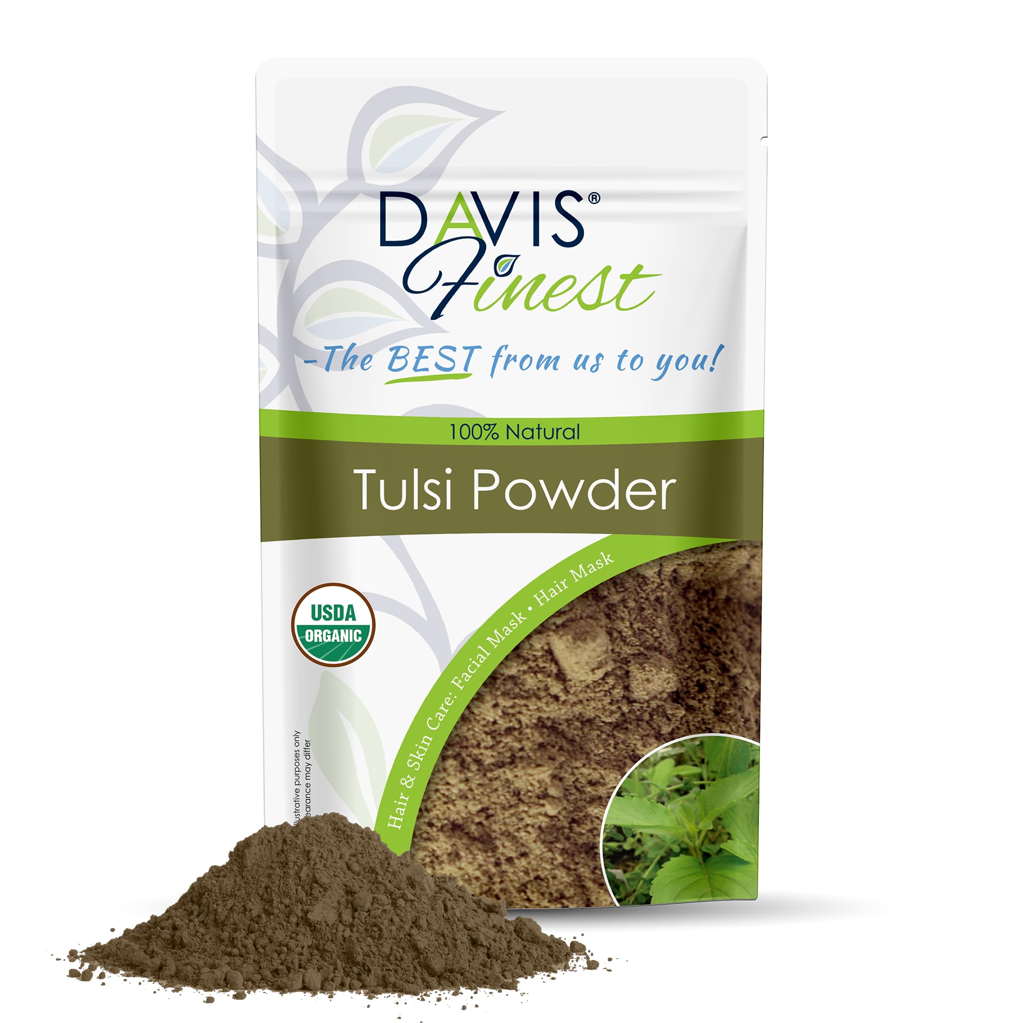 Davis Finest Organic Tulsi Holy Basil, Pure & Natural Leaves Powder 100g, Hair & Skin Care, Ayurvedic, Skin Tightening, Facial Mask, Itchy Scalp, Promotes Hair Growth