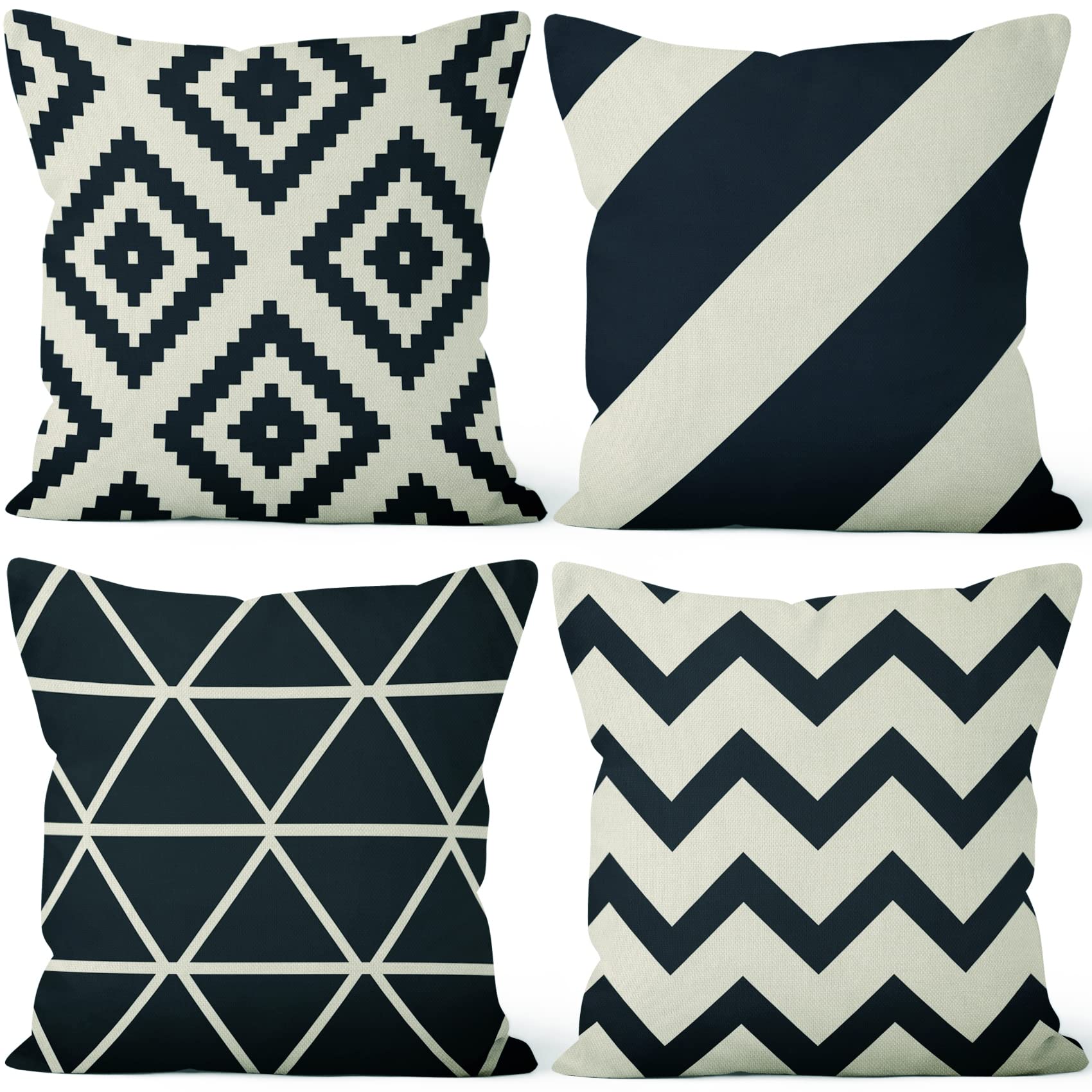 Aoihrraan Black Beige Cushion Covers, 51x51cm Set of 4 Geometric Stripes Pillowcase Modern Square Linen Throw Pillow Cover for Living room Sofa Car Outdoor Garden Bed Couch House Decorative 20" X 20"