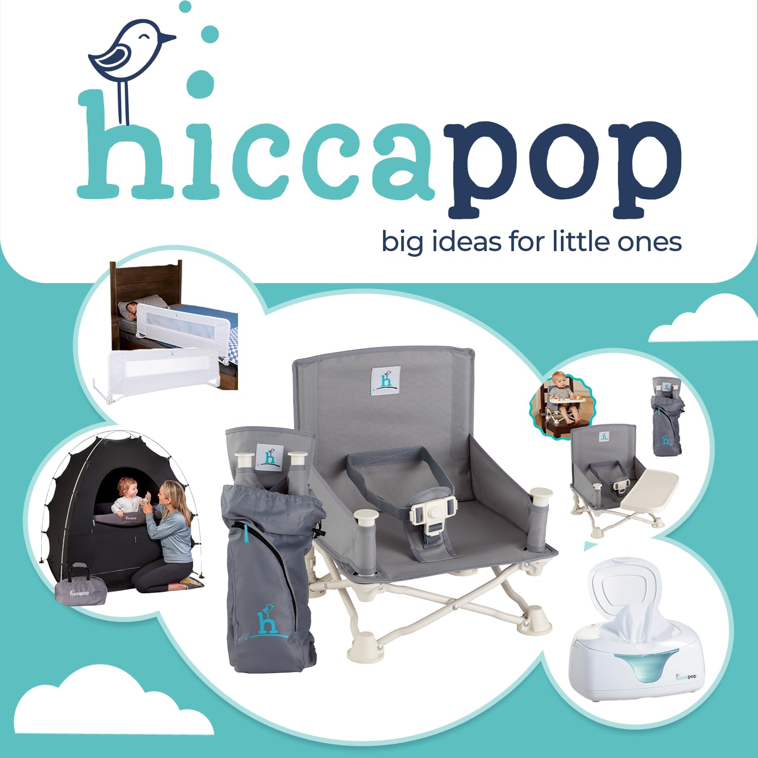 Hiccapop OmniBoost Travel Booster Seat with Tray for Baby, Dining Table, Camping, Beach, Grandma’s | Folding Portable Tip-Free Design Straps to Kitchen Chairs