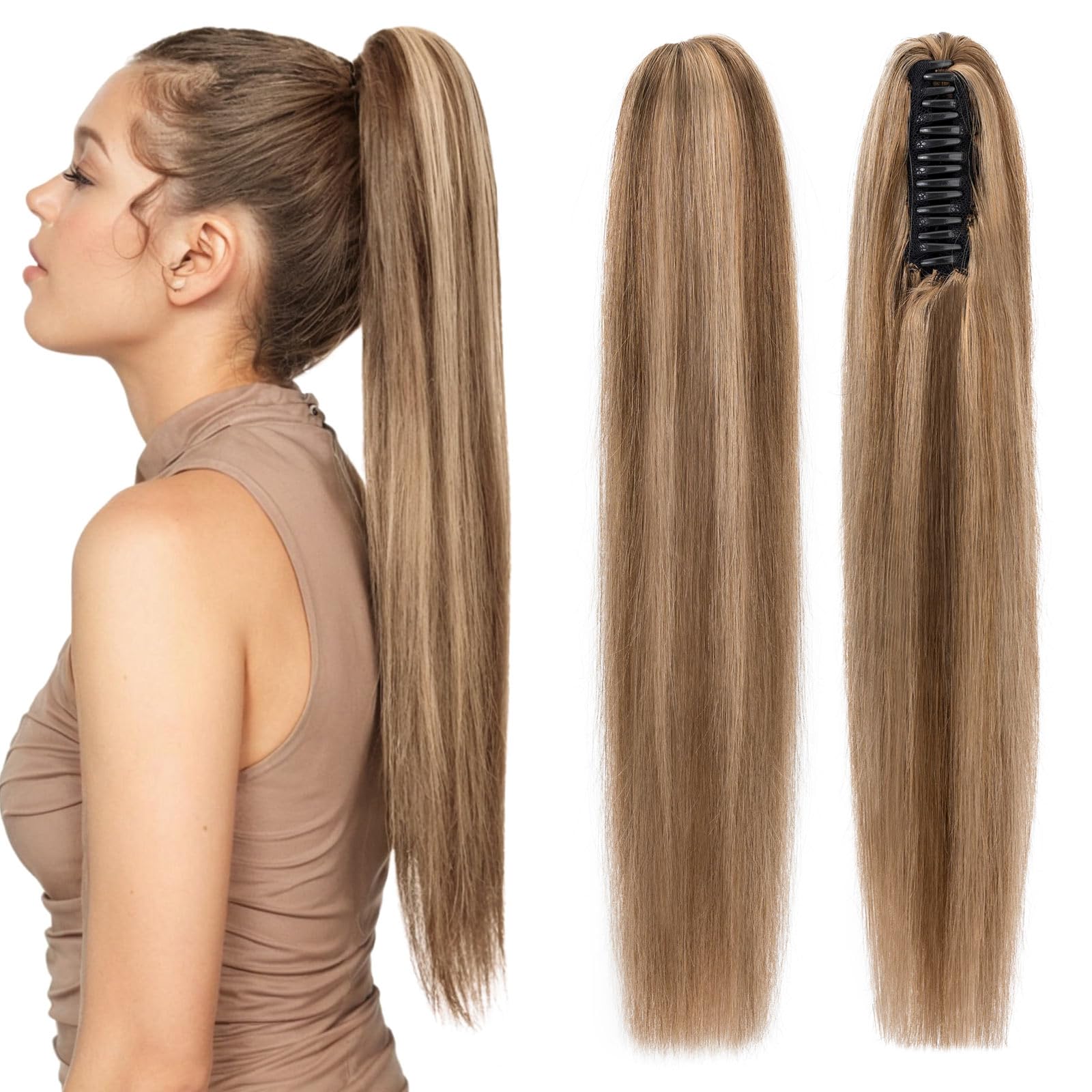 Photo 1 of Human Hair Claw Clip Ponytail, Claw Clip Human Hair Ponytail,Effortless Application with Secure Hold,Style in Seconds,Quick Styling Solutions for Busy Lives 18"/113g Medium Brown Mix Dark Blonde