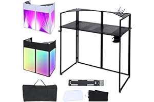 ANGELBECKE DJ Table. Portable DJ Booth Facade 20" x 40" Tabletop, Foldable DJ Facade Station for DJ Controller, Mixer & LaptopEvents&Parties – Includes Carry Bag&Two Metal Corner Tables