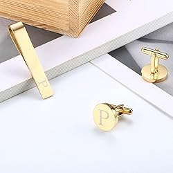 LOYALLOOK Gold Initial Cufflinks and Tie Clip Set
