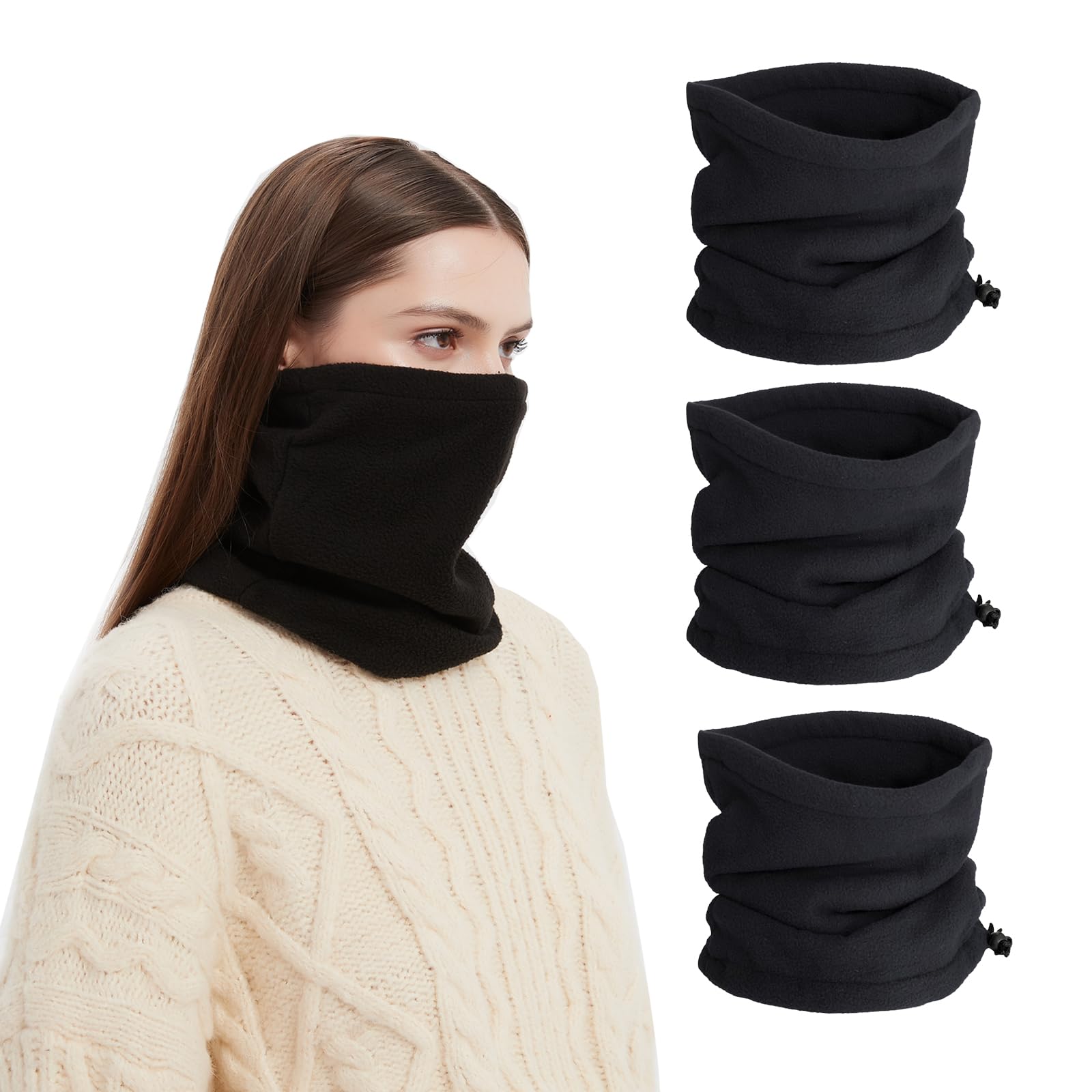 Golden Apple 3PCS Winter Sport Warmer Neck Gaiter Fleece Face Mask Skiing Cycling Windproof Balaclava Scarf For Men Women (Black)