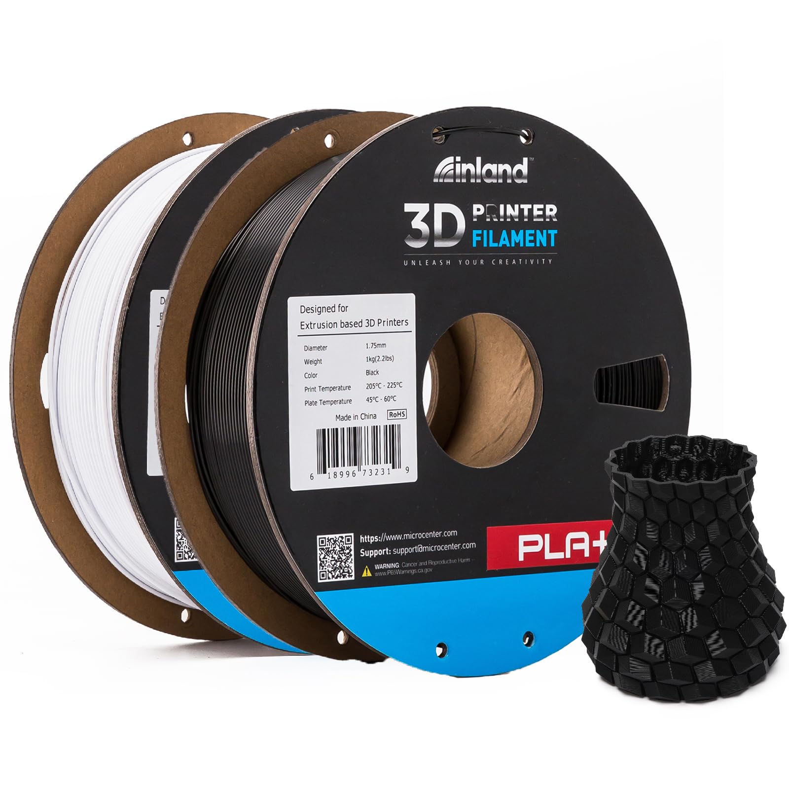 INLAND Micro Center PLA+ 3D Printing Filament 1.75mm - PLA Pro Dimensional Accuracy +/- 0.03 mm - 1kg Cardboard Spool (2.2 lbs) (2 Pack Black & White, 1.75mm) Image