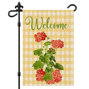 EnBrilite Geranium Floral Welcome Garden Flag, Vertical Double-Sided Burlap Garden Flag, Geranium Flowers Rustic Farmhouse Yard Flags, Spring Summer Seasonal Yard Outdoor Decoration 12*18 Inch