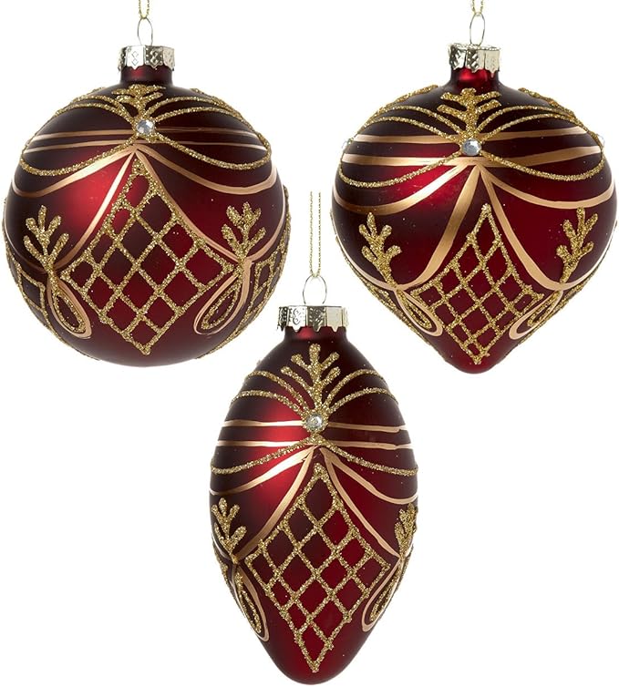 Set of 3 Deep Red/Burgundy Christmas Tree Decorations with Gold Swags