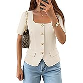 ZESICA Women's Trendy Vests Top 2026 Spring Summer Square Neck Short Sleeve Blazer Button Down Crop Casual Work Blouse