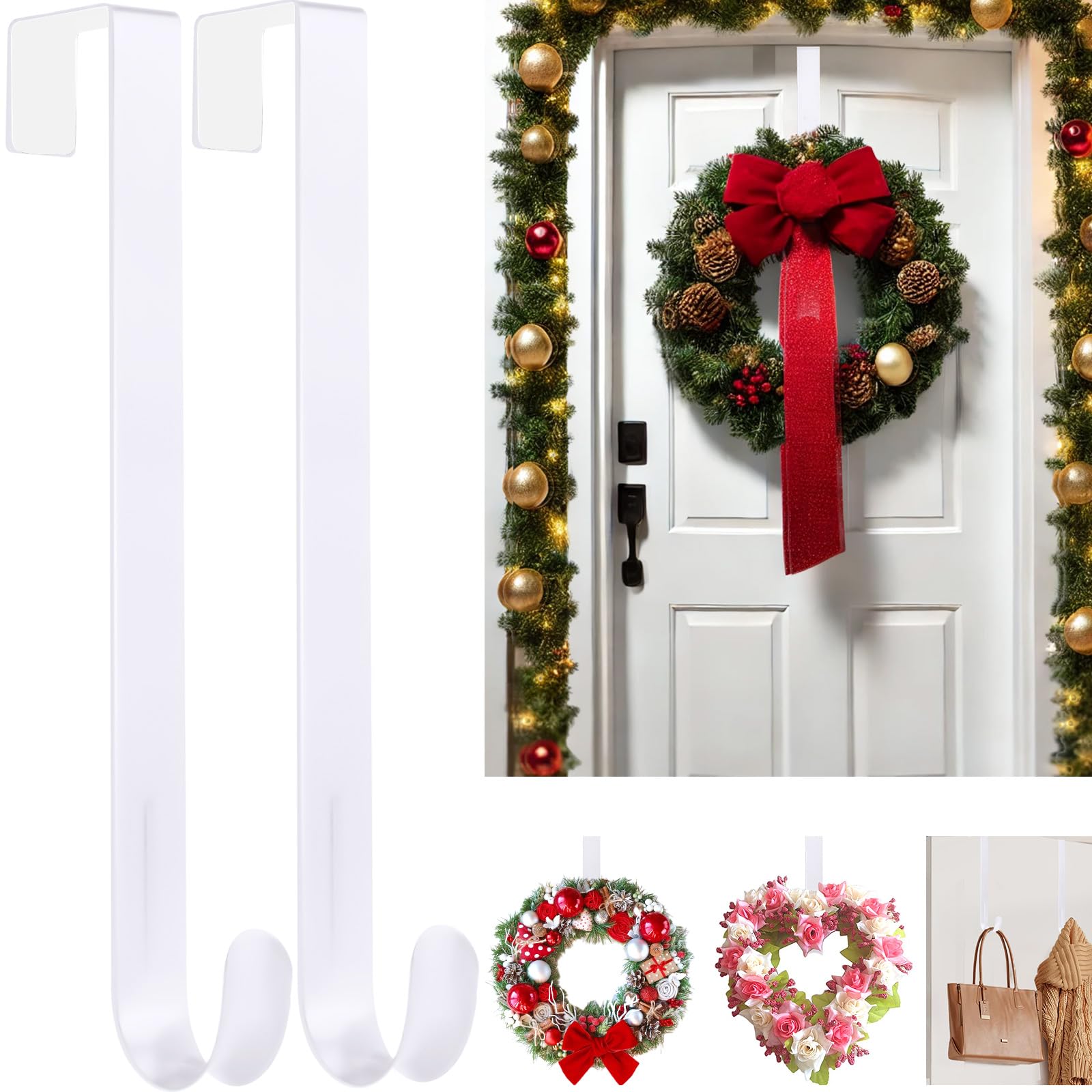 Photo 1 of 12" Metal Wreath Hanger for Front Door, Non-Scratch, 2 Pack White Wreath Hanger Heavy Duty, Over-the-Door Hooks for Hanging Welcome Sign, Wreath Holder for Easter, Halloween, Christmas Decorations