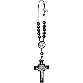 Car Rearview Mirror Rosary Decade Crucifix Ornament - Made in Brazil (St Benedict - Black)