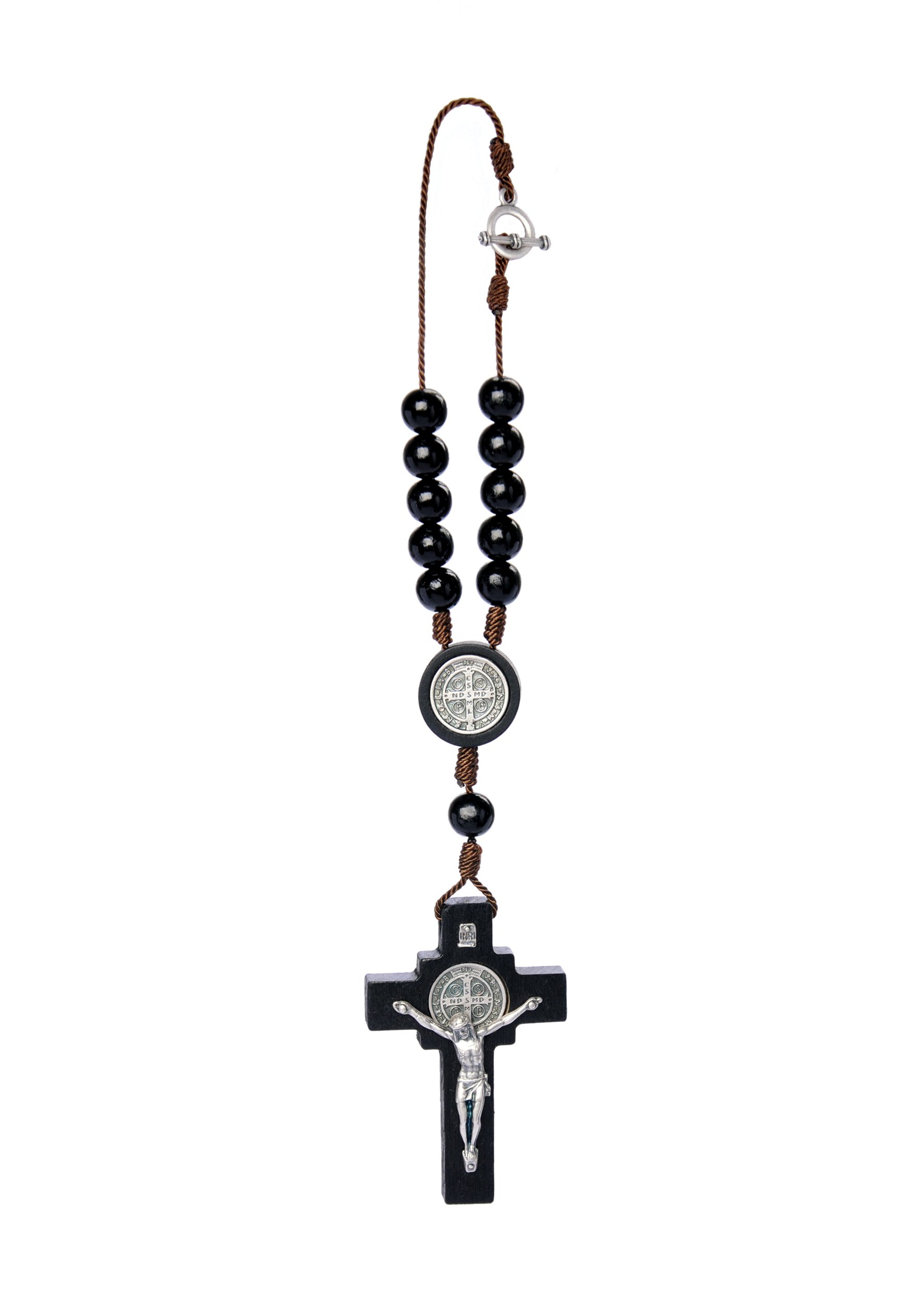 Car Rearview Mirror Rosary Decade Crucifix Ornament - Made in Brazil (St Benedict - Black)