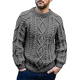 Mens Cable Knit Pullover Sweater Winter Crew Neck Long Sleeve Ribbed Vintage Sweaters