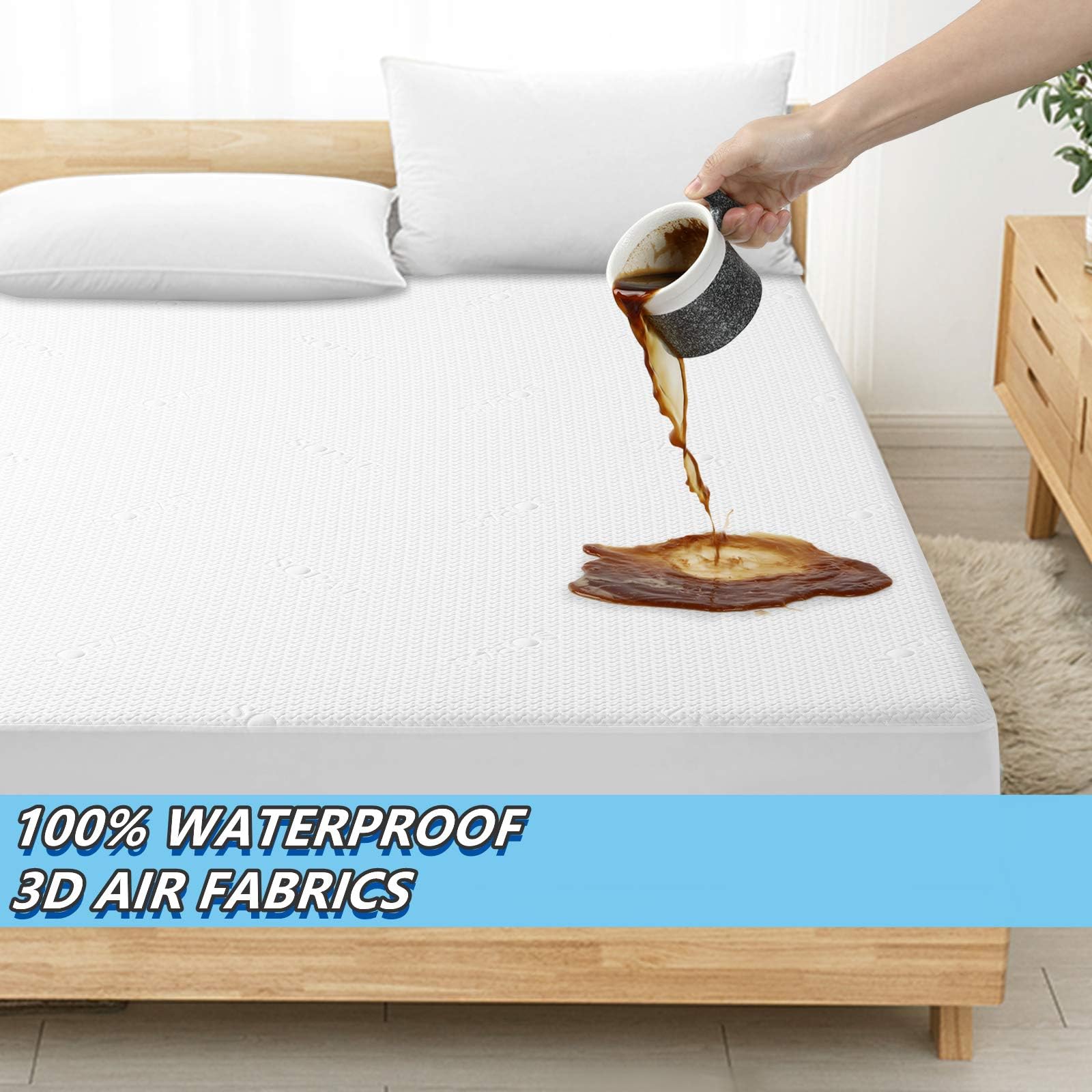 SOPAT Queen Size 100% Waterproof Mattress Protector- 3D Air Fabric Waterproof Mattress Cover- Soft, Breathable, Noiseless- Deep Pocket Fits up to 18 Inches