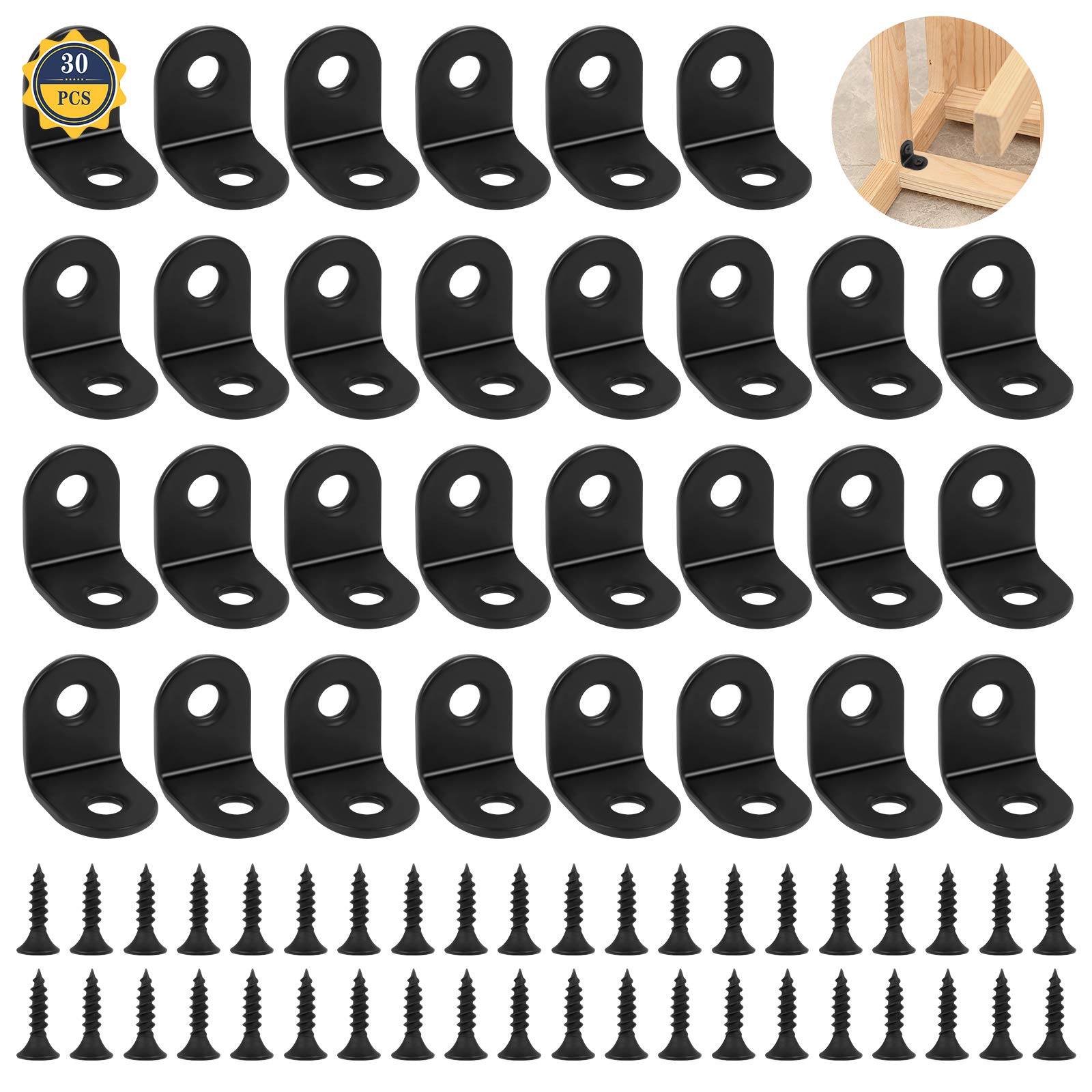 30 PCS Heavy Duty Corner Brackets for Wood with 60 Screws - Stainless Steel 90 Degree Right Angle L Brackets for Wood Shelf Furniture Fixation (Black, 20x20mm)