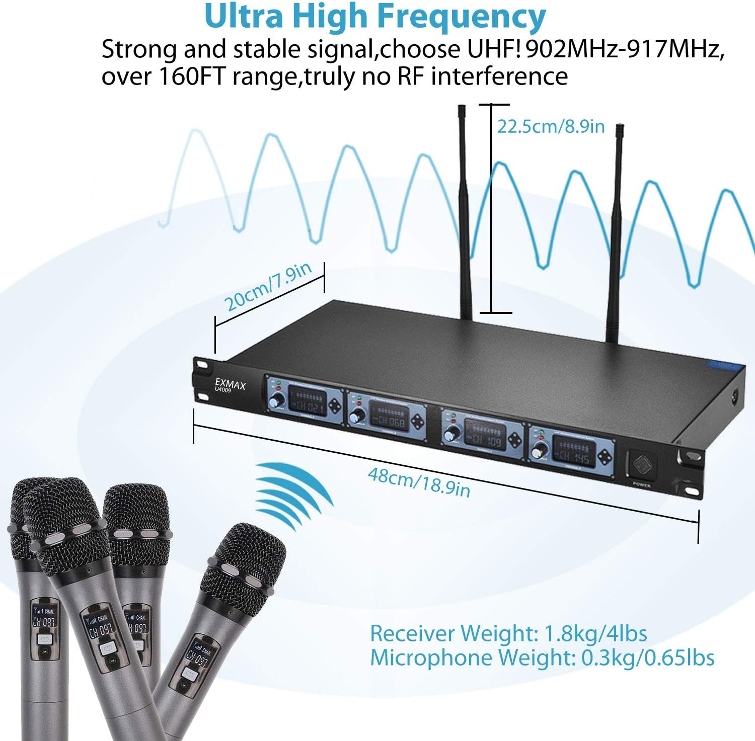 EXMAX® Professional UHF 4 Channel Diversity Wireless Microphone System with 4 Handheld Microphones 4 Mics for Karaoke/KTV/Party/Stage/Wedding/Speech … - Image 3
