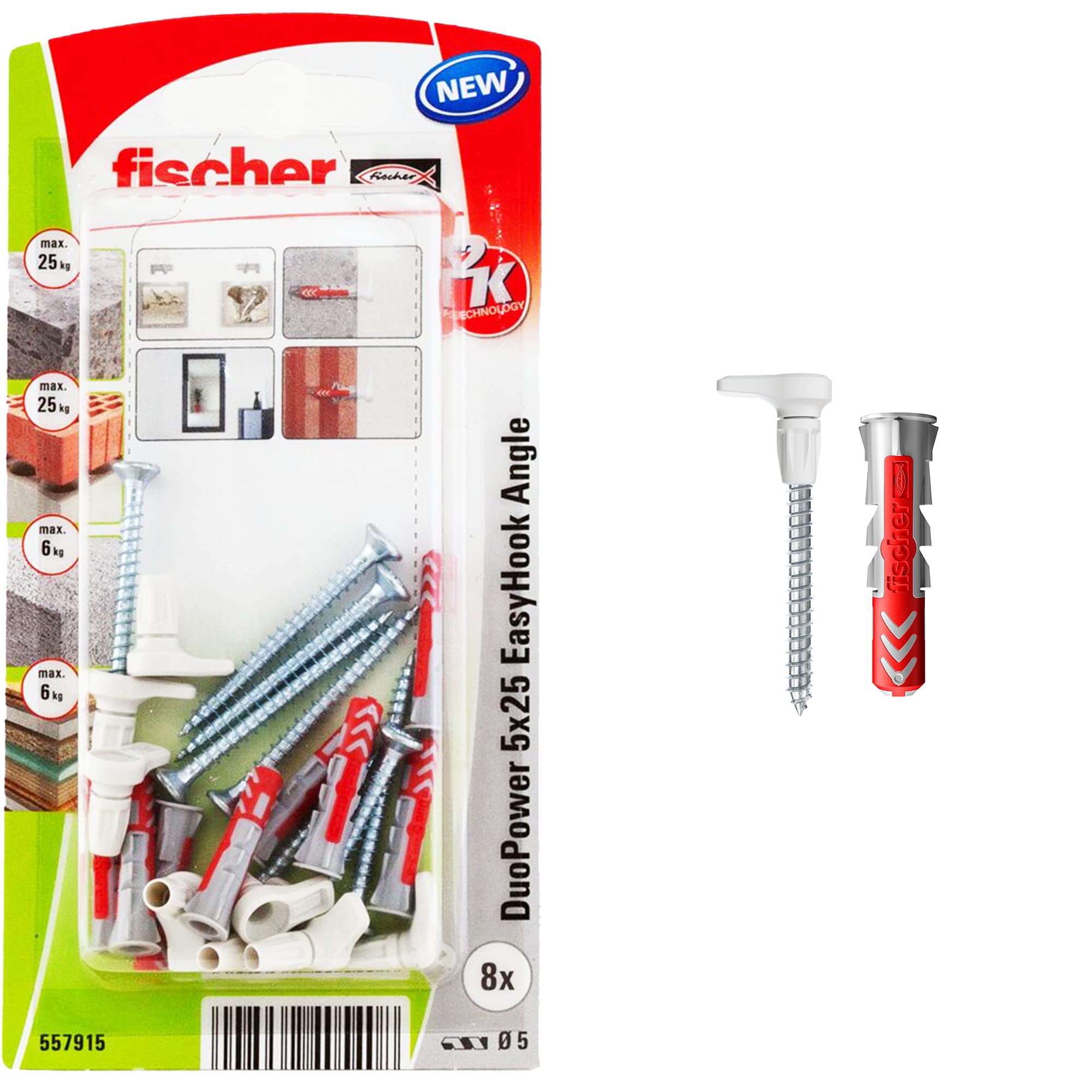 fischer EasyHook Angle K (8), Set of 8 Angled Hook Screws & DuoPower 5 x 25 Plugs, chipboard Screws with Hooks, Flexible Screw Hooks for mounting in numerous Building Materials