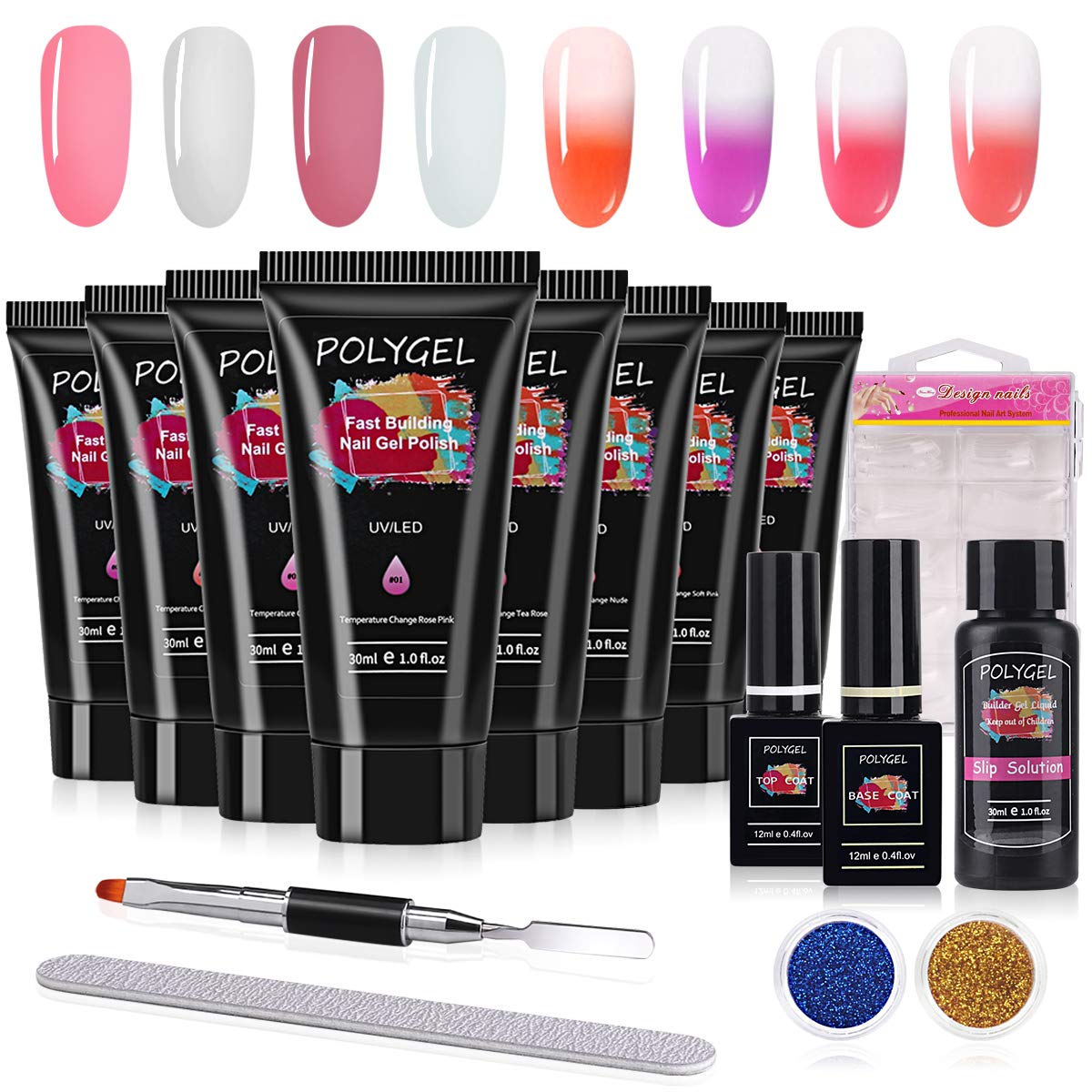 Poly Nail Gel Kit, MYSWEETY 30ml*8 Tubes Thermal Temperature Colour Changing Nail Enhancement Extension Builder Gel Polish for Starters, with Base Top Coat, Slip Solution