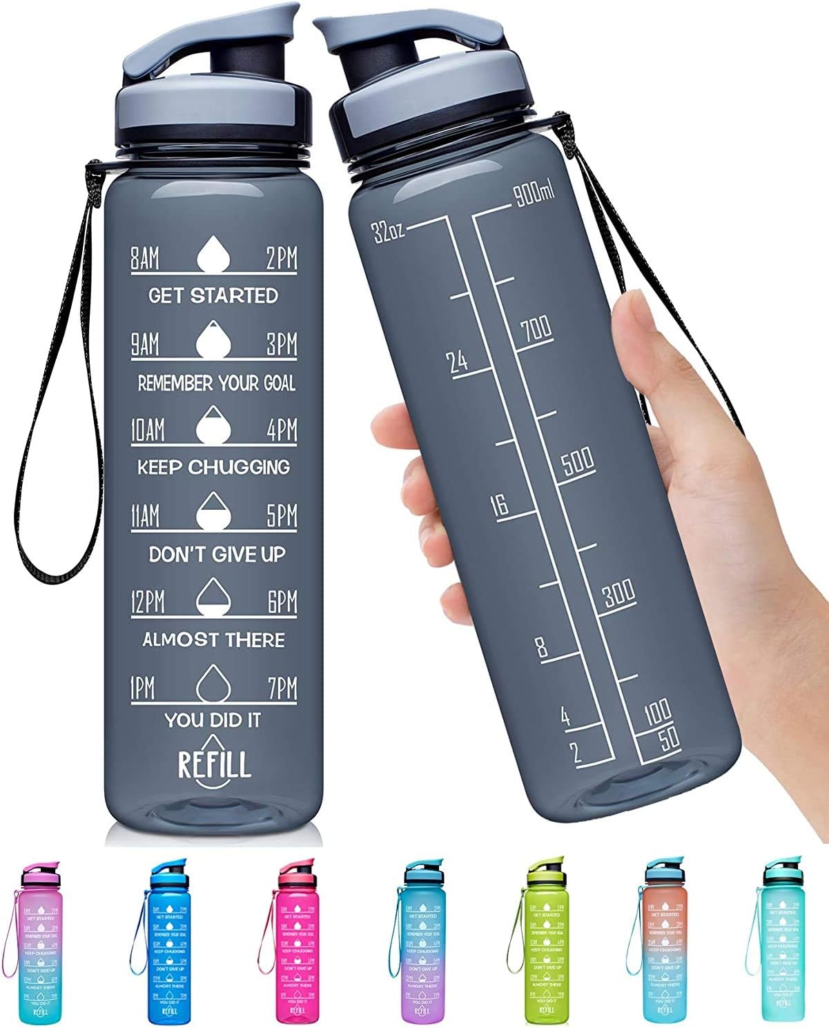 32 oz Motivational Water Bottle with Time Marker BPA Free & Leakproof Sport 1L Water Bottle
