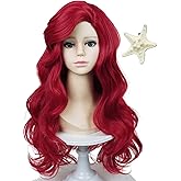 Dark Red Curly Mermaid Wig and Starfish Hairpin 21'' Long Wine Red Wave Mermaid Costume Wigs for Halloween Party Costumes