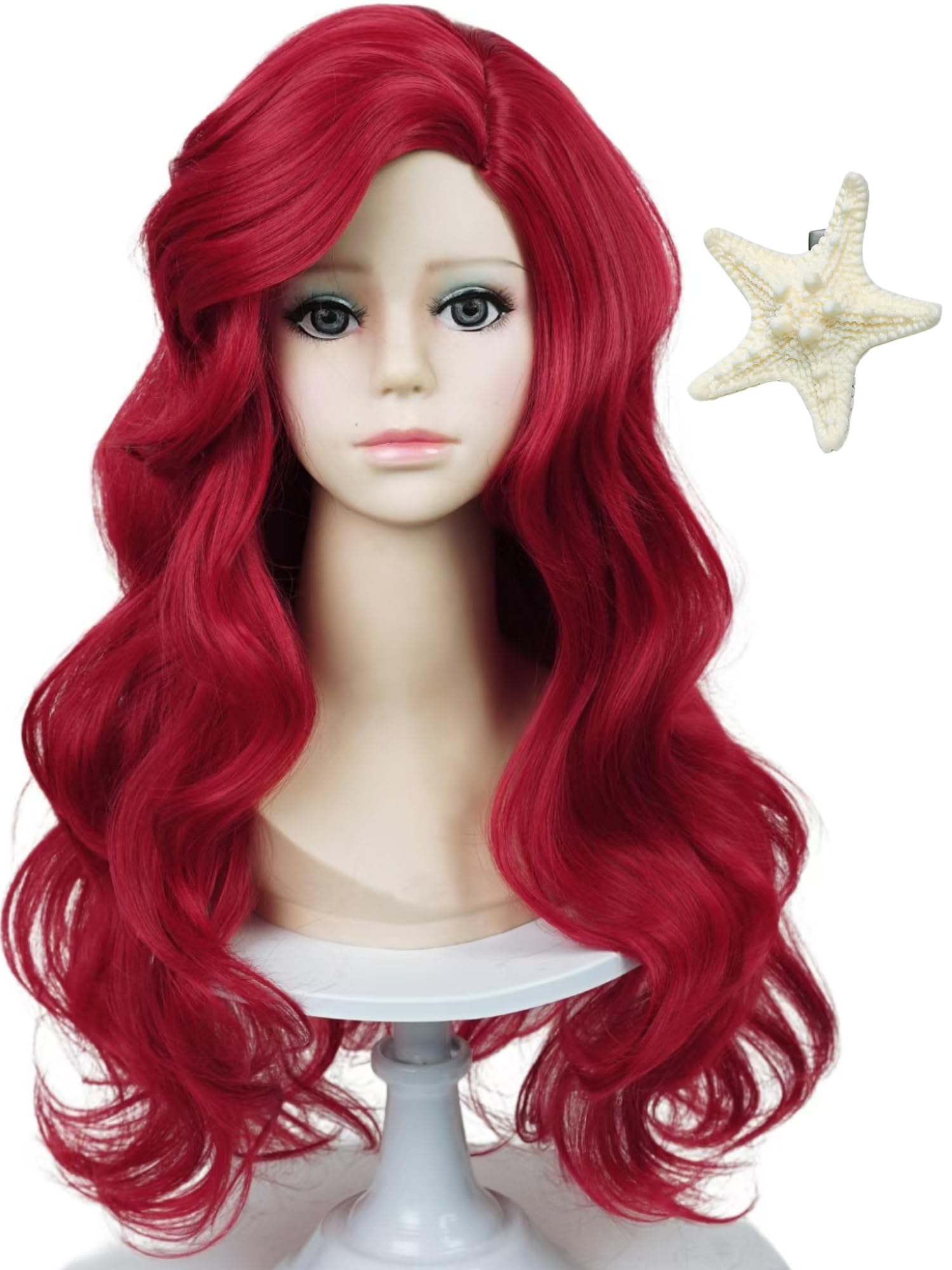 Photo 1 of Mermaid Wigs for kids Girls 21'' Long Curly Dark Red Mermaid Wave Wig with Starfish Hairclip for Child Toddler Halloween Party Costumes