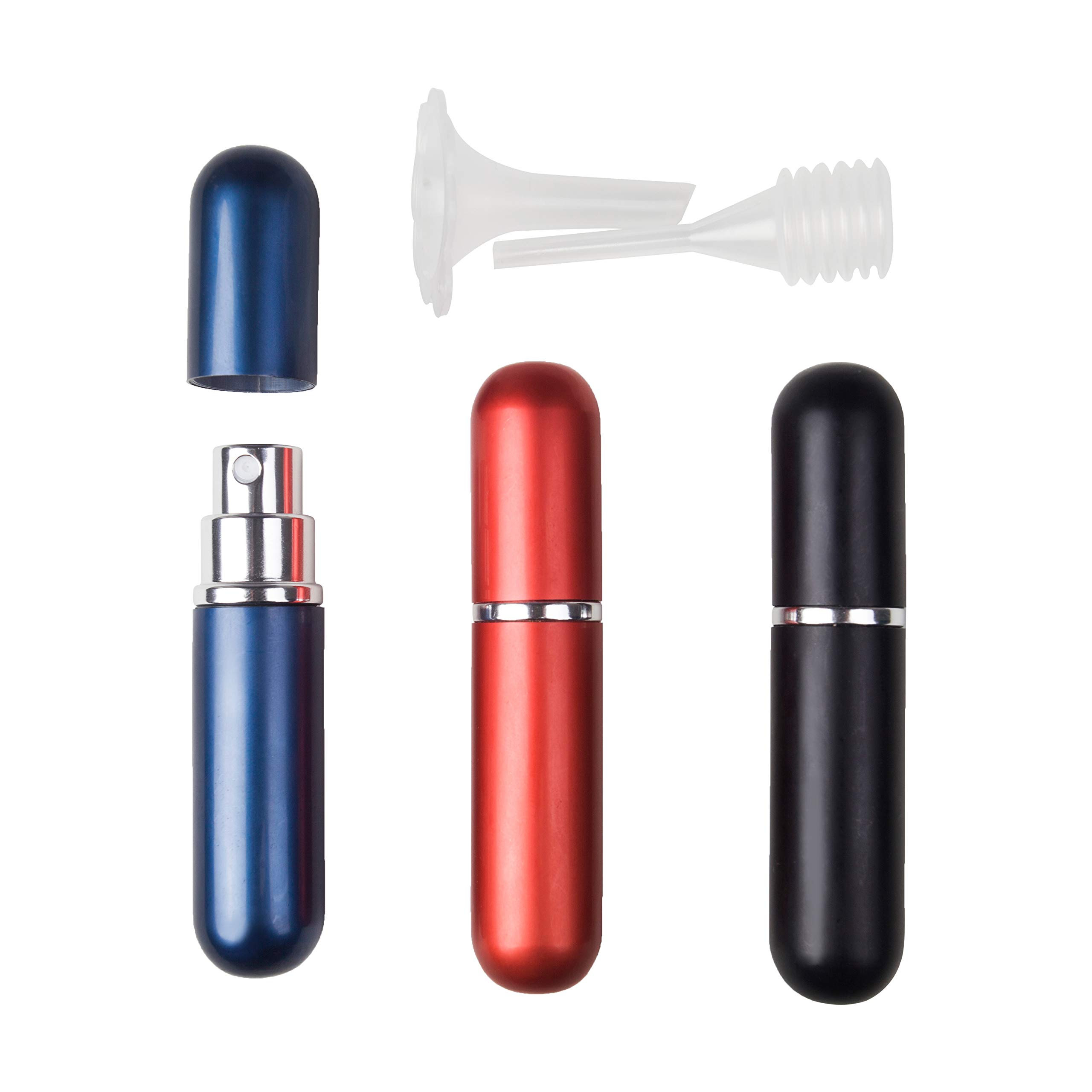 Perfume Bottle Atomiser Spray | 6ml Perfume Atomisers Refillable | Perfume Bottles for Fragrance, Aftershave and Perfume | Portable & Perfect for Travel or Everyday Use | Funnel & Pipette | Set of 3 | Red, Blue & Black