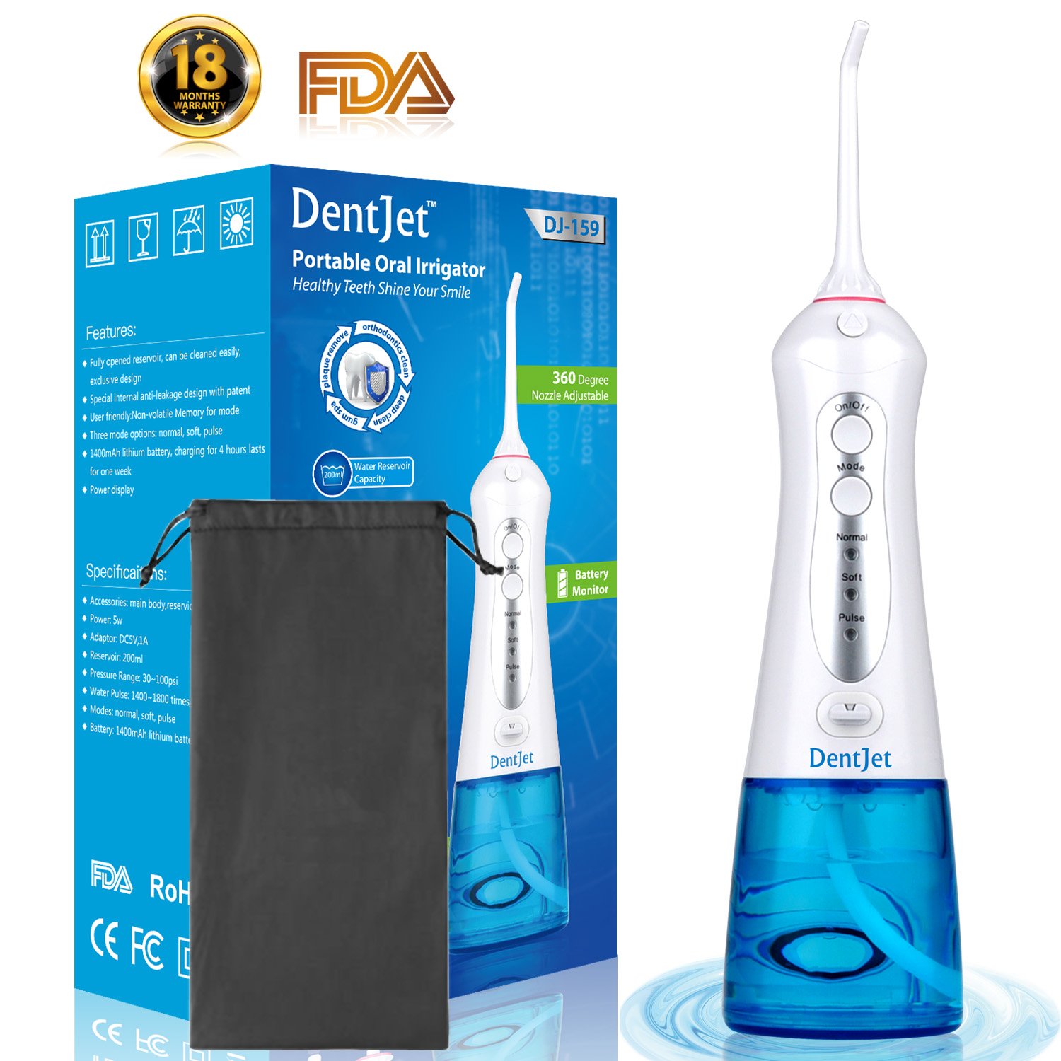 Oral Irrigator Cordless Water Flosser Rechargeable, DentJet 200ml Waterproof Water Pick for Teeth Portable Teeth Cleaning Kit with 3 Modes for Travel and Household (DJ-159 New Design)