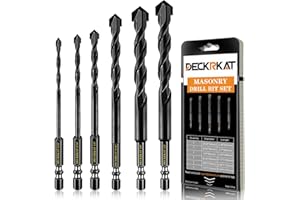 DECKRKAT 6-Piece Black Masonry Drill Bit Set for Concrete, Brick, Tile - Carbide Tipped, Quick Change 1/4" Hex Shank (5/32",3/16",1/4",5/16",3/8",1/2") w/Storage Case