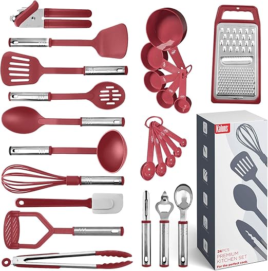 Amazon Com Kitchen Utensil Set 24 Nylon And Stainless Steel Utensil Set Non Stick And Heat Resistant Cooking Utensils Set Kitchen Tools Useful Pots And Pans Accessories And Kitchen Gadgets Red Kitchen Dining