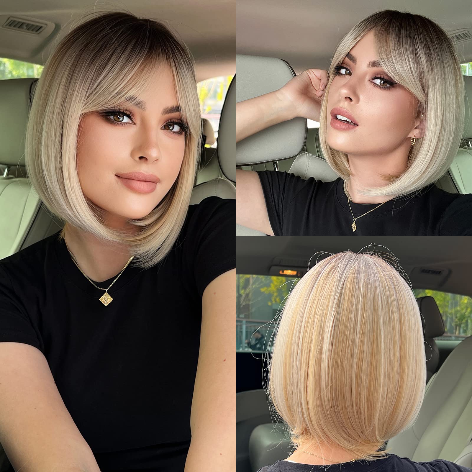 HAIRCUBE Straight Short Bob with Bangs Fashion Wigs for Women Nature Heat Resistant Synthetic Fiber Party/Cosplay/Costume/Daily Wig (Ombre Blonde)
