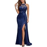 Miusol Women's Sexy Halter Sequin Lace Satin Evening Party Maxi Dress | Sleeveless, Sequin Lace Contrast Satin, Ruffule Ruched Hem, Smooth Satin Dress, Wedding Guest and Bridesmaid Gown