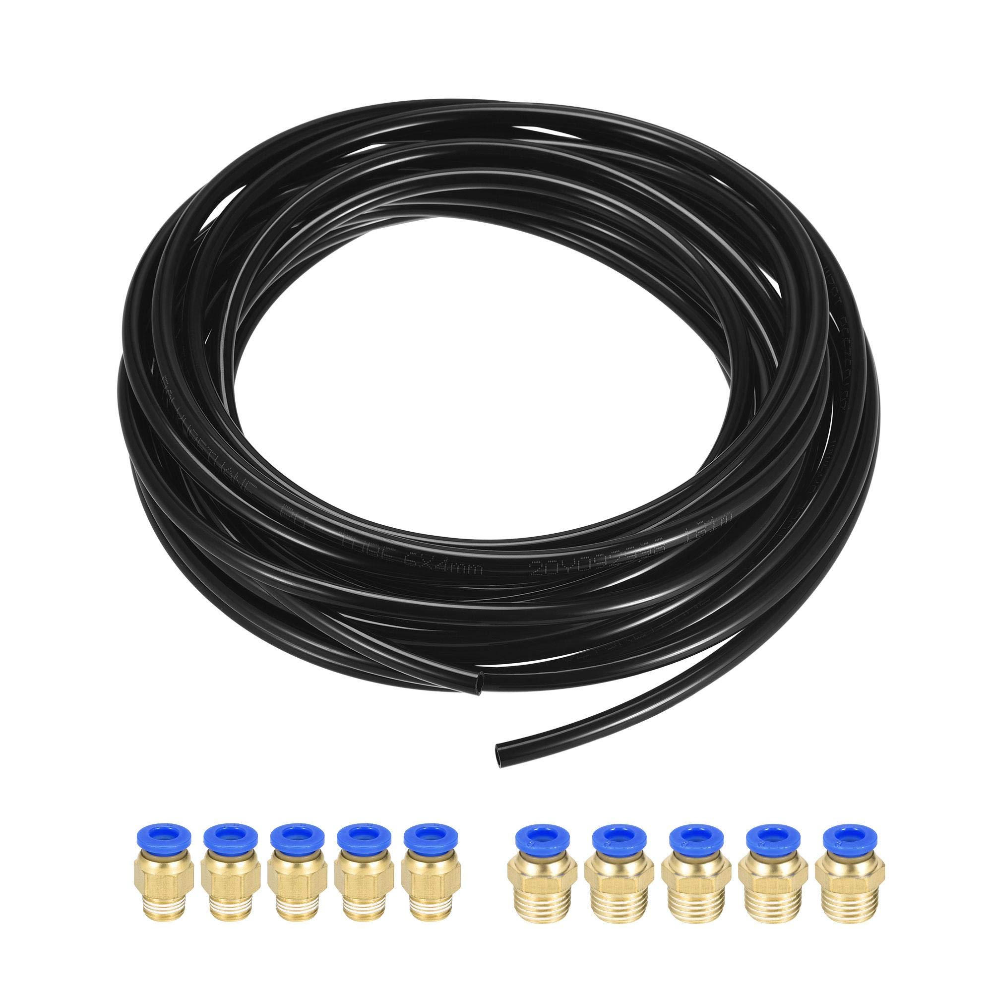 sourcing map Pneumatic Air Hose Tubing Air Compressor Tube 4mmID x 6mmOD x 10m Pipe Black with 2 Type Connect Fittings