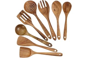 Bekith 8 Pack Wooden Spoons for Cooking, Kitchen Utensils Set, Natural Teak Long Wood Spoon and Spatula for High Heat Stirrin
