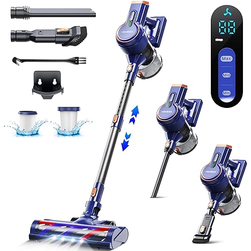 Voweek Cordless Vacuum Cleaner, 6 in 1 Lightweight Stick Vacuum with 3 Power Modes, LED Display, Powerful Vacuum Cleaner Up to 45min Runtime for Hardwood Floor Pet Hair Home Car